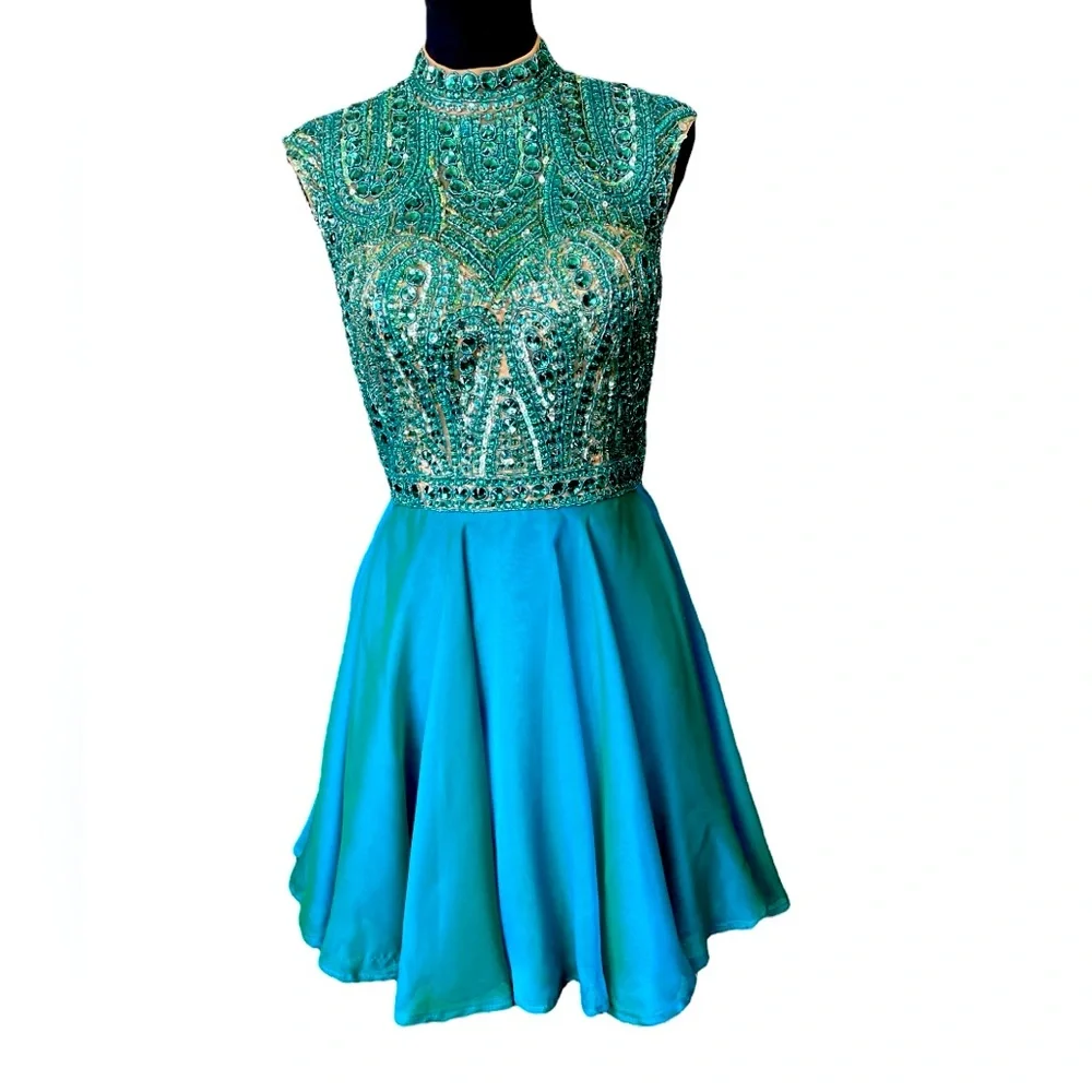 Sherri Hill Teal Beaded & Chiffon Open Back Short Prom Dress, Size 8, Dance - Picture 1 of 12
